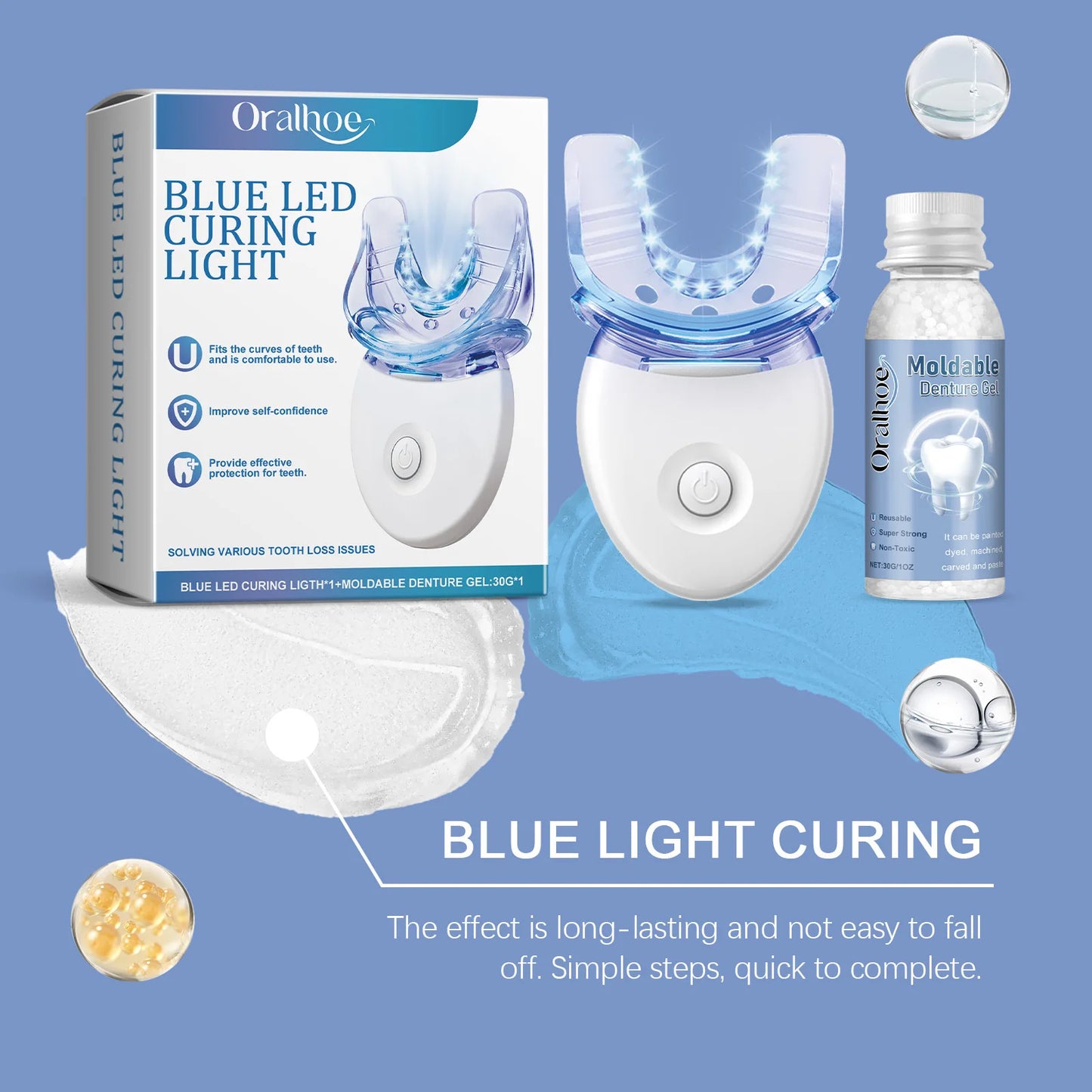 TEETH WHITENING LED CURING LIGHT KIT WITH MOLDABLE DENTURE GELS